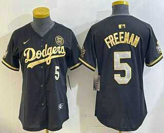 Womens Los Mens Los Angeles Dodgers #5 Freddie Freeman Black Gold 2024 World Series 34 Patch Stitched Cool Base Jerseys